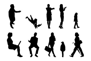 Vektör siluetleri, insanların ana hatları, Contour çizimleri, insanların siluetleri, ikon kümesi izole edilmiş, oturan insanların silueti, mimari set