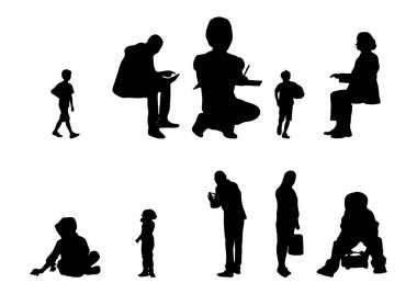 Vektör siluetleri, insanların ana hatları, Contour çizimleri, insanların siluetleri, ikon kümesi izole edilmiş, oturan insanların silueti, mimari set