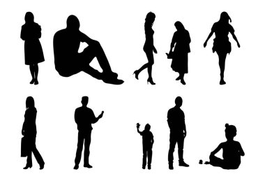Vektör siluetleri, insanların ana hatları, Contour çizimleri, insanların siluetleri, ikon kümesi izole edilmiş, oturan insanların silueti, mimari set