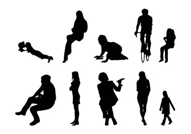 Vektör siluetleri, insanların ana hatları, Contour çizimleri, insanların siluetleri, ikon kümesi izole edilmiş, oturan insanların silueti, mimari set