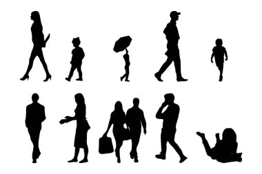Vektör siluetleri, insanların ana hatları, Contour çizimleri, insanların siluetleri, ikon kümesi izole edilmiş, oturan insanların silueti, mimari set