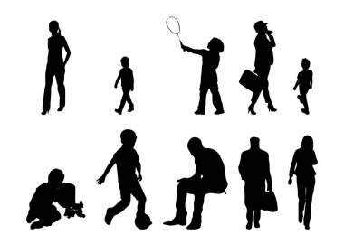 Vektör siluetleri, insanların ana hatları, Contour çizimleri, insanların siluetleri, ikon kümesi izole edilmiş, oturan insanların silueti, mimari set