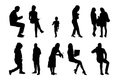 Vektör siluetleri, insanların ana hatları, Contour çizimleri, insanların siluetleri, ikon kümesi izole edilmiş, oturan insanların silueti, mimari set