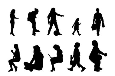Vektör siluetleri, insanların ana hatları, Contour çizimleri, insanların siluetleri, ikon kümesi izole edilmiş, oturan insanların silueti, mimari set