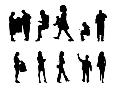 Vektör siluetleri, insanların ana hatları, Contour çizimleri, insanların siluetleri, ikon kümesi izole edilmiş, oturan insanların silueti, mimari set