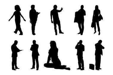 Vektör siluetleri, insanların ana hatları, Contour çizimleri, insanların siluetleri, ikon kümesi izole edilmiş, oturan insanların silueti, mimari set