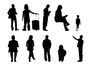 Vektör siluetleri, insanların ana hatları, Contour çizimleri, insanların siluetleri, ikon kümesi izole edilmiş, oturan insanların silueti, mimari set