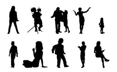 Vektör siluetleri, insanların ana hatları, Contour çizimleri, insanların siluetleri, ikon kümesi izole edilmiş, oturan insanların silueti, mimari set