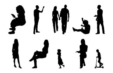 Vektör siluetleri, insanların ana hatları, Contour çizimleri, insanların siluetleri, ikon kümesi izole edilmiş, oturan insanların silueti, mimari set