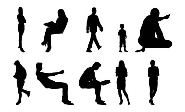 Vektör siluetleri, insanların ana hatları, Contour çizimleri, insanların siluetleri, ikon kümesi izole edilmiş, oturan insanların silueti, mimari set