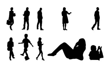 Vektör siluetleri, insanların ana hatları, Contour çizimleri, insanların siluetleri, ikon kümesi izole edilmiş, oturan insanların silueti, mimari set