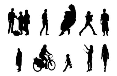 Vektör siluetleri, insanların ana hatları, Contour çizimleri, insanların siluetleri, ikon kümesi izole edilmiş, oturan insanların silueti, mimari set