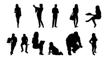 Vektör siluetleri, insanların ana hatları, Contour çizimleri, insanların siluetleri, ikon kümesi izole edilmiş, oturan insanların silueti, mimari set