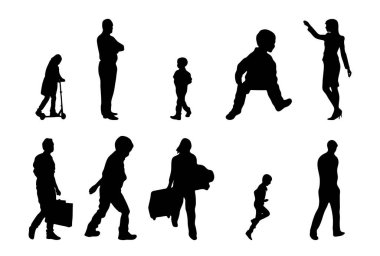 Vektör siluetleri, insanların ana hatları, Contour çizimleri, insanların siluetleri, ikon kümesi izole edilmiş, oturan insanların silueti, mimari set
