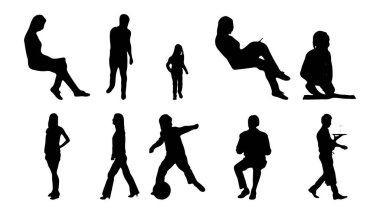 Vektör siluetleri, insanların ana hatları, Contour çizimleri, insanların siluetleri, ikon kümesi izole edilmiş, oturan insanların silueti, mimari set