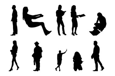 Vektör siluetleri, insanların ana hatları, Contour çizimleri, insanların siluetleri, ikon kümesi izole edilmiş, oturan insanların silueti, mimari set