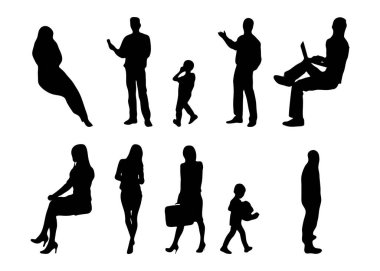 Vektör siluetleri, insanların ana hatları, Contour çizimleri, insanların siluetleri, ikon kümesi izole edilmiş, oturan insanların silueti, mimari set