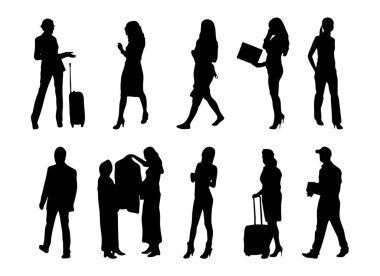 Vektör siluetleri, insanların ana hatları, Contour çizimleri, insanların siluetleri, ikon kümesi izole edilmiş, oturan insanların silueti, mimari set