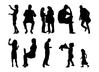 Vektör siluetleri, insanların ana hatları, Contour çizimleri, insanların siluetleri, ikon kümesi izole edilmiş, oturan insanların silueti, mimari set