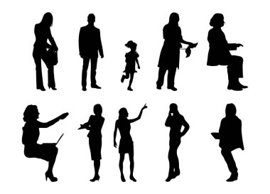 Vektör siluetleri, insanların ana hatları, Contour çizimleri, insanların siluetleri, ikon kümesi izole edilmiş, oturan insanların silueti, mimari set