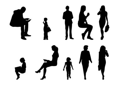 Vektör siluetleri, insanların ana hatları, Contour çizimleri, insanların siluetleri, ikon kümesi izole edilmiş, oturan insanların silueti, mimari set