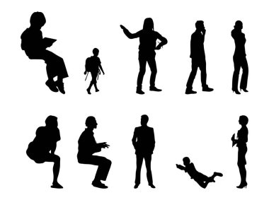 Vektör siluetleri, insanların ana hatları, Contour çizimleri, insanların siluetleri, ikon kümesi izole edilmiş, oturan insanların silueti, mimari set