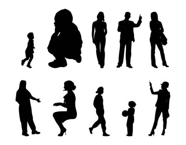 Vektör siluetleri, insanların ana hatları, Contour çizimleri, insanların siluetleri, ikon kümesi izole edilmiş, oturan insanların silueti, mimari set