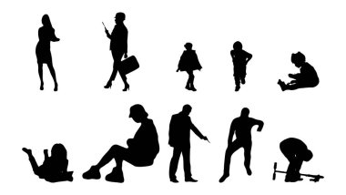 Vektör siluetleri, insanların ana hatları, Contour çizimleri, insanların siluetleri, ikon kümesi izole edilmiş, oturan insanların silueti, mimari set
