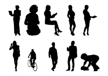 Vektör siluetleri, insanların ana hatları, Contour çizimleri, insanların siluetleri, ikon kümesi izole edilmiş, oturan insanların silueti, mimari set