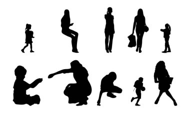 Vektör siluetleri, insanların ana hatları, Contour çizimleri, insanların siluetleri, ikon kümesi izole edilmiş, oturan insanların silueti, mimari set