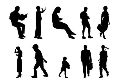 Vektör siluetleri, insanların ana hatları, Contour çizimleri, insanların siluetleri, ikon kümesi izole edilmiş, oturan insanların silueti, mimari set