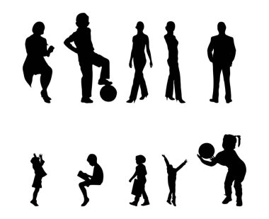 Vektör siluetleri, insanların ana hatları, Contour çizimleri, insanların siluetleri, ikon kümesi izole edilmiş, oturan insanların silueti, mimari set