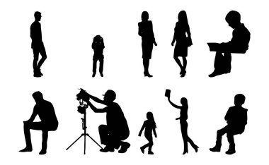 Vektör siluetleri, insanların ana hatları, Contour çizimleri, insanların siluetleri, ikon kümesi izole edilmiş, oturan insanların silueti, mimari set