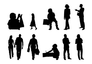 Vektör siluetleri, insanların ana hatları, Contour çizimleri, insanların siluetleri, ikon kümesi izole edilmiş, oturan insanların silueti, mimari set