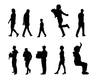 Vektör siluetleri, insanların ana hatları, Contour çizimleri, insanların siluetleri, ikon kümesi izole edilmiş, oturan insanların silueti, mimari set
