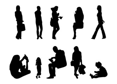 Vektör siluetleri, insanların ana hatları, Contour çizimleri, insanların siluetleri, ikon kümesi izole edilmiş, oturan insanların silueti, mimari set