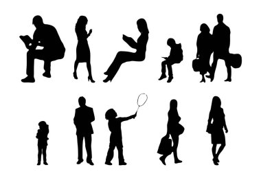 Vektör siluetleri, insanların ana hatları, Contour çizimleri, insanların siluetleri, ikon kümesi izole edilmiş, oturan insanların silueti, mimari set