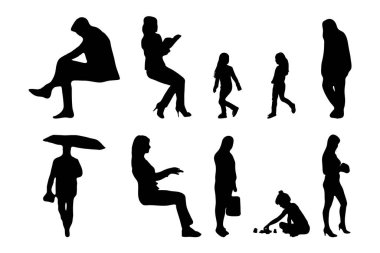 Vektör siluetleri, insanların ana hatları, Contour çizimleri, insanların siluetleri, ikon kümesi izole edilmiş, oturan insanların silueti, mimari set