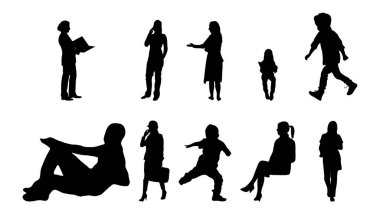 Vektör siluetleri, insanların ana hatları, Contour çizimleri, insanların siluetleri, ikon kümesi izole edilmiş, oturan insanların silueti, mimari set