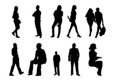 Vektör siluetleri, insanların ana hatları, Contour çizimleri, insanların siluetleri, ikon kümesi izole edilmiş, oturan insanların silueti, mimari set