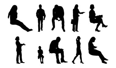 Vektör siluetleri, insanların ana hatları, Contour çizimleri, insanların siluetleri, ikon kümesi izole edilmiş, oturan insanların silueti, mimari set