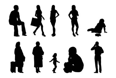 Vektör siluetleri, insanların ana hatları, Contour çizimleri, insanların siluetleri, ikon kümesi izole edilmiş, oturan insanların silueti, mimari set