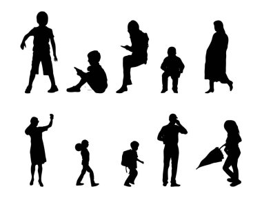 Vektör siluetleri, insanların ana hatları, Contour çizimleri, insanların siluetleri, ikon kümesi izole edilmiş, oturan insanların silueti, mimari set