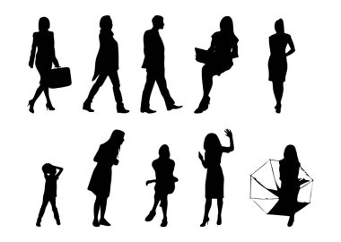 Vektör siluetleri, insanların ana hatları, Contour çizimleri, insanların siluetleri, ikon kümesi izole edilmiş, oturan insanların silueti, mimari set