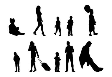 Vektör siluetleri, insanların ana hatları, Contour çizimleri, insanların siluetleri, ikon kümesi izole edilmiş, oturan insanların silueti, mimari set