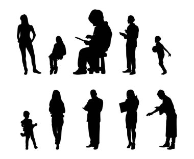 Vektör siluetleri, insanların ana hatları, Contour çizimleri, insanların siluetleri, ikon kümesi izole edilmiş, oturan insanların silueti, mimari set