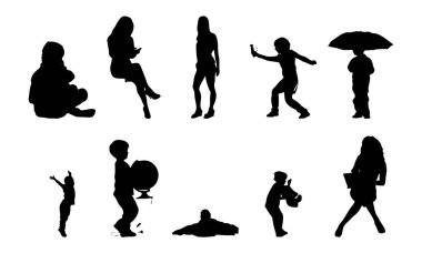 Vektör siluetleri, insanların ana hatları, Contour çizimleri, insanların siluetleri, ikon kümesi izole edilmiş, oturan insanların silueti, mimari set