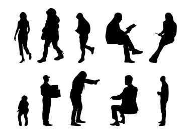 Vektör siluetleri, insanların ana hatları, Contour çizimleri, insanların siluetleri, ikon kümesi izole edilmiş, oturan insanların silueti, mimari set
