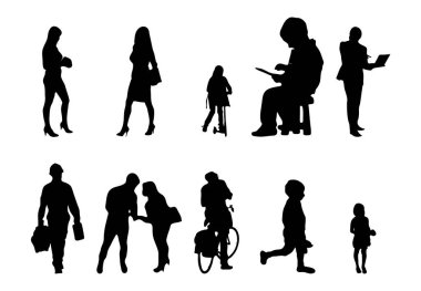 Vektör siluetleri, insanların ana hatları, Contour çizimleri, insanların siluetleri, ikon kümesi izole edilmiş, oturan insanların silueti, mimari set