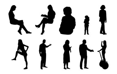 Vektör siluetleri, insanların ana hatları, Contour çizimleri, insanların siluetleri, ikon kümesi izole edilmiş, oturan insanların silueti, mimari set